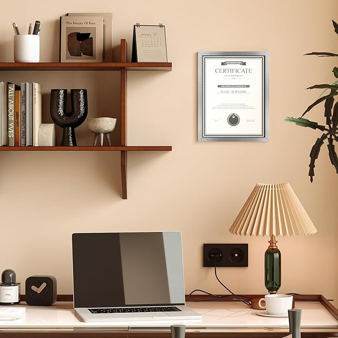 8.5x11 Picture Frame Set of 6, Certificate Document Frame, Diploma Frame, Display Pictures 6x8 with Mat or 8.5x11 Without Mat,Silver