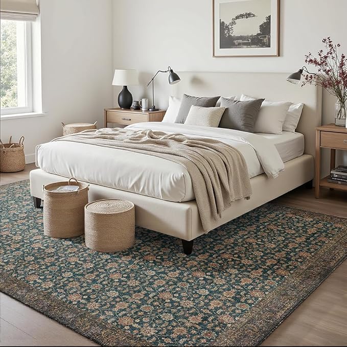 9x12 Area Rugs Green Washable Rug for Living Room, Dining Room, Bedroom, Large Carpets, Non Slip & Non-Shedding Low Pile Vintage Print Rug for Home Office Decor