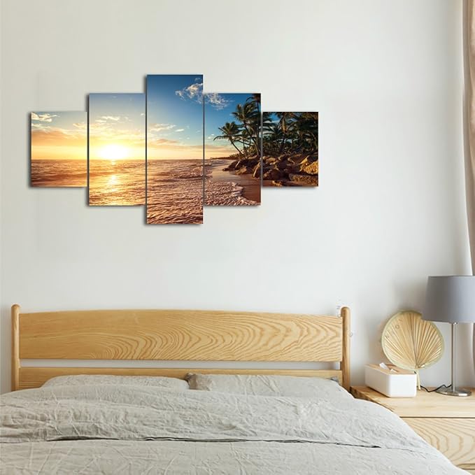 Yatsen Bridge Sunset Beach Palm Tree Posters and Prints Modern Landscape Painting Pictures Wall Art for Living Room Home Decor Gallery-wrapped Canvas Art 5 Piece Set Framed (60''W x 32''H)