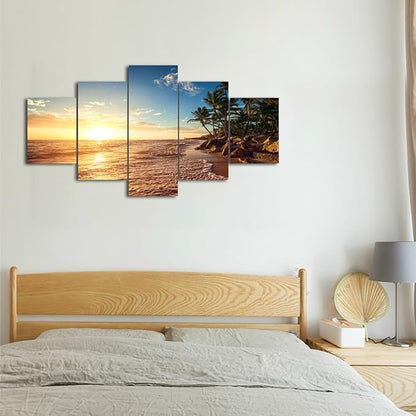 Yatsen Bridge Sunset Beach Palm Tree Posters and Prints Modern Landscape Painting Pictures Wall Art for Living Room Home Decor Gallery-wrapped Canvas Art 5 Piece Set Framed (60''W x 32''H)