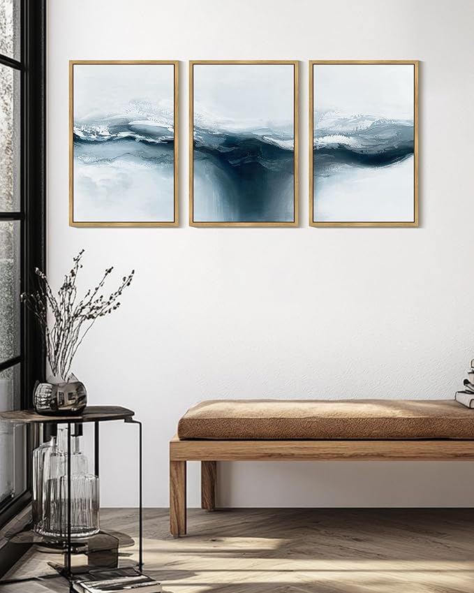 PHOPAGO Blue Abstract Framed Wall Art Large 16x24in Ocean Landscape Wall Decor Modern Art Paints for Living Room Bedroom - Natural Framed