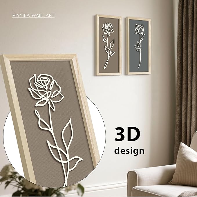VIYYIEA Wooden 3d Floral Bathroom Wall Decor, Ready-to-Hang Framed Wall Art For Living Room, Bedroom and Office, Boho Botanical Farmhouse Decoration, Lightweight but Valuable Gift (7x16 In, set of 2)