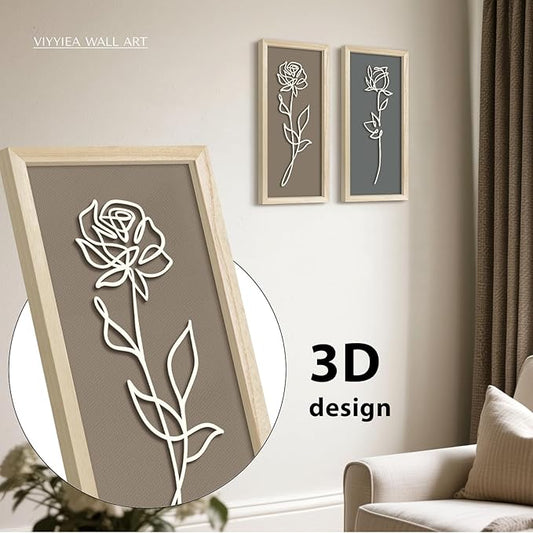 VIYYIEA Wooden 3d Floral Bathroom Wall Decor, Ready-to-Hang Framed Wall Art For Living Room, Bedroom and Office, Boho Botanical Farmhouse Decoration, Lightweight but Valuable Gift (7x16 In, set of 2)
