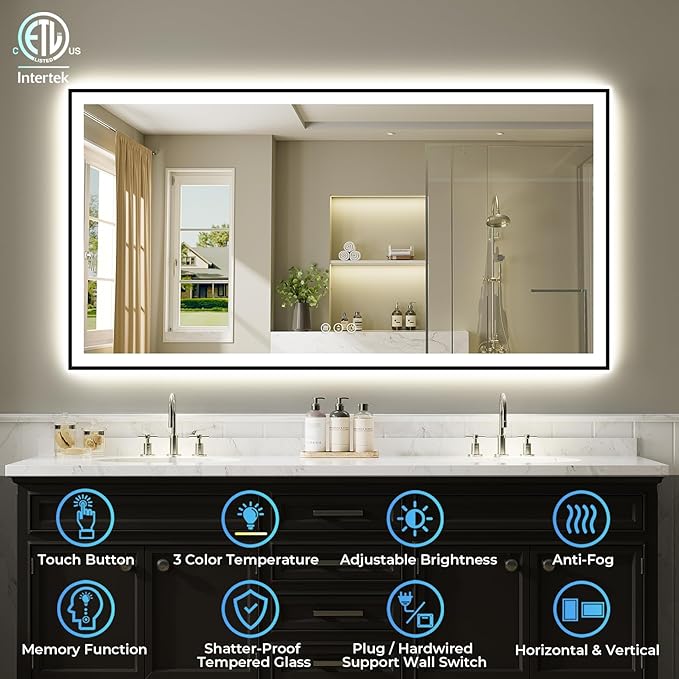 72x36 Inch LED Bathroom Mirror with Lights (Front Lit and Backlit) Black Framed Lighted Vanity Mirror for Bathroom Wall Dimmable Anti-Fog Memory Tempered Glass Horizontal/Vertical