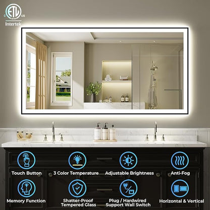 66x36 Inch LED Bathroom Mirror with Lights (Front Lit and Backlit) Black Framed Lighted Vanity Mirror for Bathroom Wall Dimmable Anti-Fog Memory Tempered Glass Horizontal/Vertical