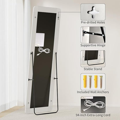 Koonmi Full Length Mirror with LED Lights, 65"x24" Lighted Mirror with Dimming & 3 Color Lighting, Big Mirror for Bedroom, Dressing Room, Rectangle,White
