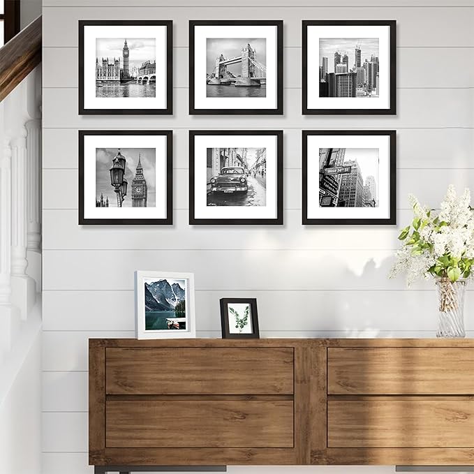 Hongkee 12x12 Black Picture Frame set of 3, Made of Glass and Wooden Square Photo frame - Displays Picture 8x8 With Mat or 12 x 12 Without Mat, Desktop & Wall Collage Photo Frame
