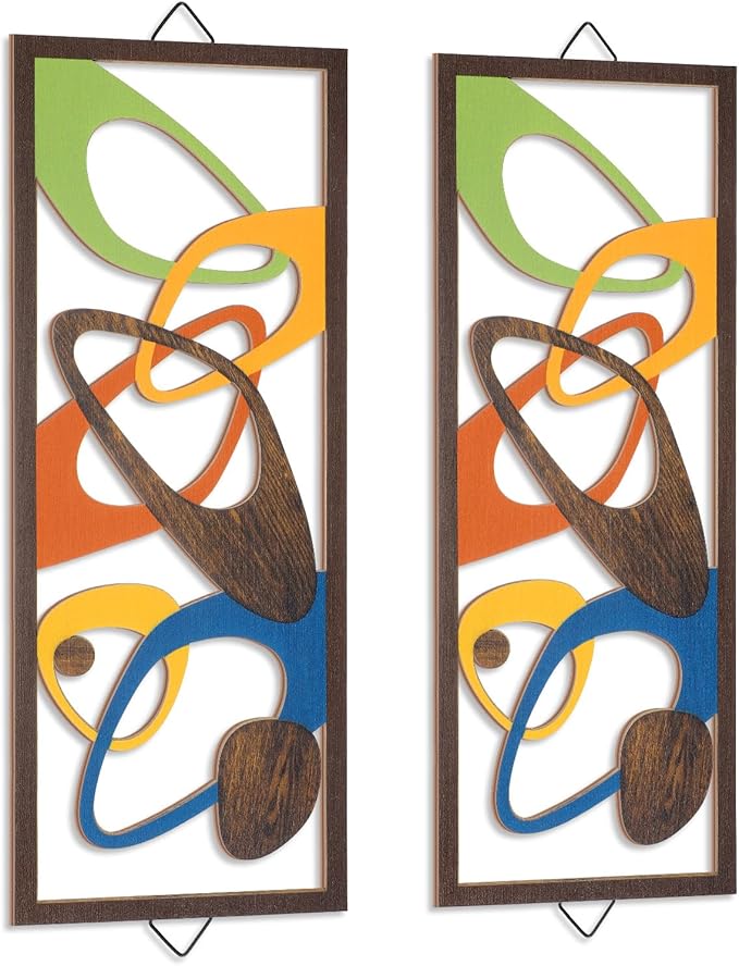 CroBlissful 2 Pcs Mid Century Wall Art Mid Century Modern Decor Elegance Wall Accents Wood Abstract Decor Geometric Panels for Interior Panel Wood Art for Home Living Room