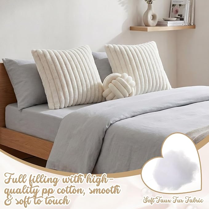 Tegeme Set of 3 Knot Pillow Ball and 18" Throw Pillowcases Fuzzy Striped, Soft Knotted Home Decor Pillow, 2 Faux Fur Cushion Covers Aesthetic Cushion and Cases for Sofa Bed Bedroom Living Room(Cream)