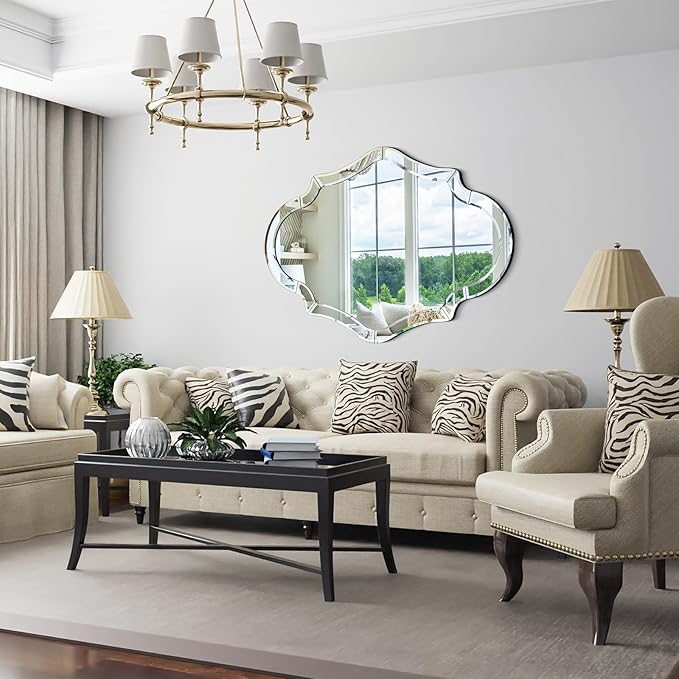 Large Decorative Mirrors, 40"x28" Scalloped Wall Mirror with Elegant Beveled Edges and Mirrored Frame, Irregular Mirror for Dining Room Living Room Bathroom Entryway, Hang Horizontally or Vertically
