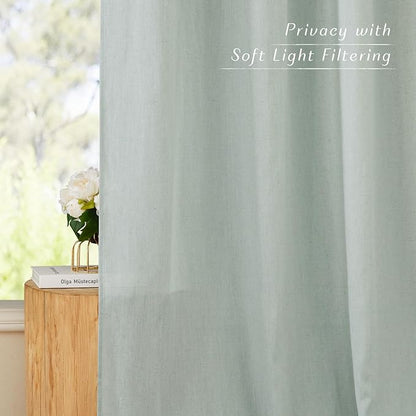 NICETOWN Linen Flax Semi Sheer Curtains 92" Length, Grommet Window Treatments Privacy Added with Light Penetration Vertical Drapes for Loft/Home Office, Sage Green, W55 x L92, 2 Panels