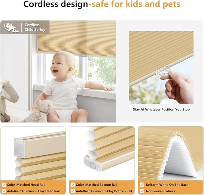 LazBlinds Cordless Cellular Shades, Light Filtering Honeycomb Shades for Home, Thermal Insulation Noise Reduction Blinds for Windows, 41'' W x 64'' H, Yellowish-Brown