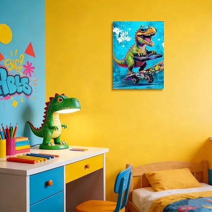 12x16 Graffiti Blue Skateboard T-Rex Dinosaur Canvas Wall Art Prints, Framed Watercolor Animal Pop Cool Painting, Funny Kids & Teen Boy Bedroom Decor, Home Bathroom Living Room Wall Poster Gift