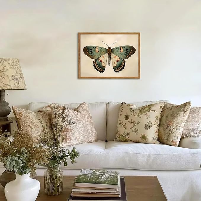 Framed Vintage Butterfly Canvas Wall Art, Moody Insect Wall Decor Paintings, Cottagecore Moth Artwork Pictures Prints Antique Home Decor for Living Room Bedroom Bathroom 12x16 inch