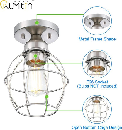 Farmhouse Ceiling Light Fixture, Vintage Semi Flush Mount Ceiling Light, Small Metal Cage Lighting Lamp for Hallway Entryway Kitchen Porch, Nickel Finish, 2-Pack