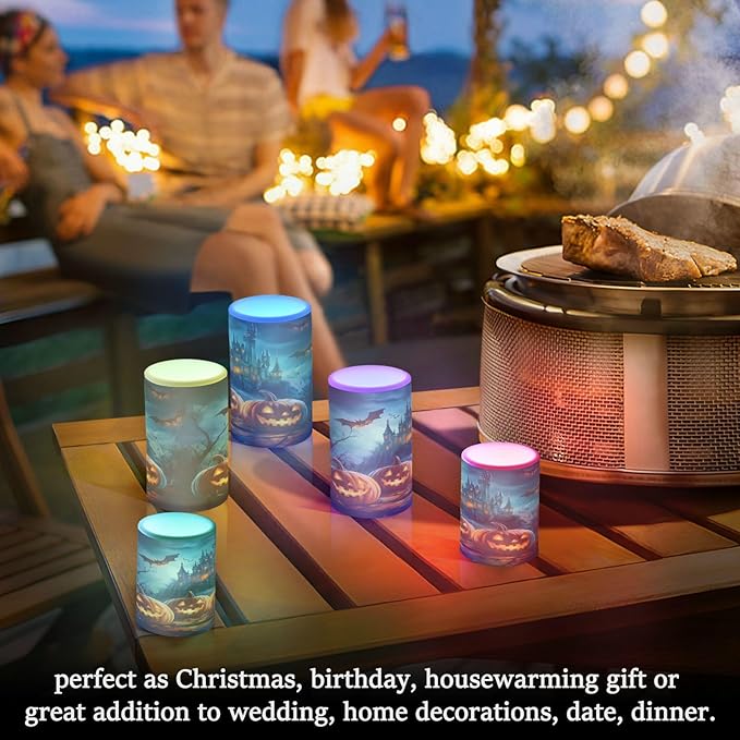 ALAZA Halloween Pumpkins Castle Flying Bat Flickering Flameless Candles Battery Operated with Remote Timer,Tea Light Candles LED Pillar Votive Candles Set of 2 for Outdoor Indoor Decorations