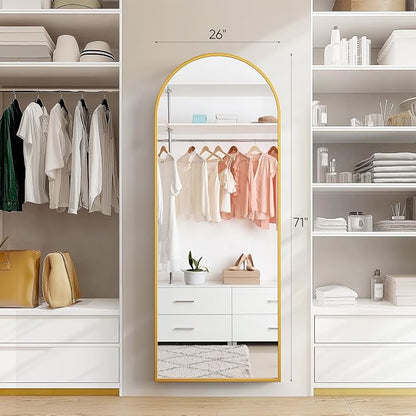 Sweetcrispy 71"x26" Arched Full Length Mirror, Full Body Mirror with Aluminum Alloy Thin Frame, Leaning or Standing, Suitable for Bedroom, Livingroom, Cloakroom, Gold