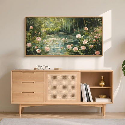 Aryroi Water Lilies Monet Framed Canvas Wall Art Set,Garden Pond Impressionist Floral Wall Decor,Vintage Oil Green Vibrant Flower Botanical Artwork for Living Room, Bedroom,Farmhouse-40 x20 x1