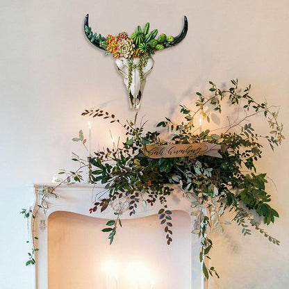 alikiki Rustic Western Home Decor - Tribal Wall Decor Western Long Horn Bull Skull Wall Decor Cow Buffalo Skull Bison Animal Head Wall Hanging Wall Arts w/Succulents for Bedroom Living Room Cold Cast Resin Figurines