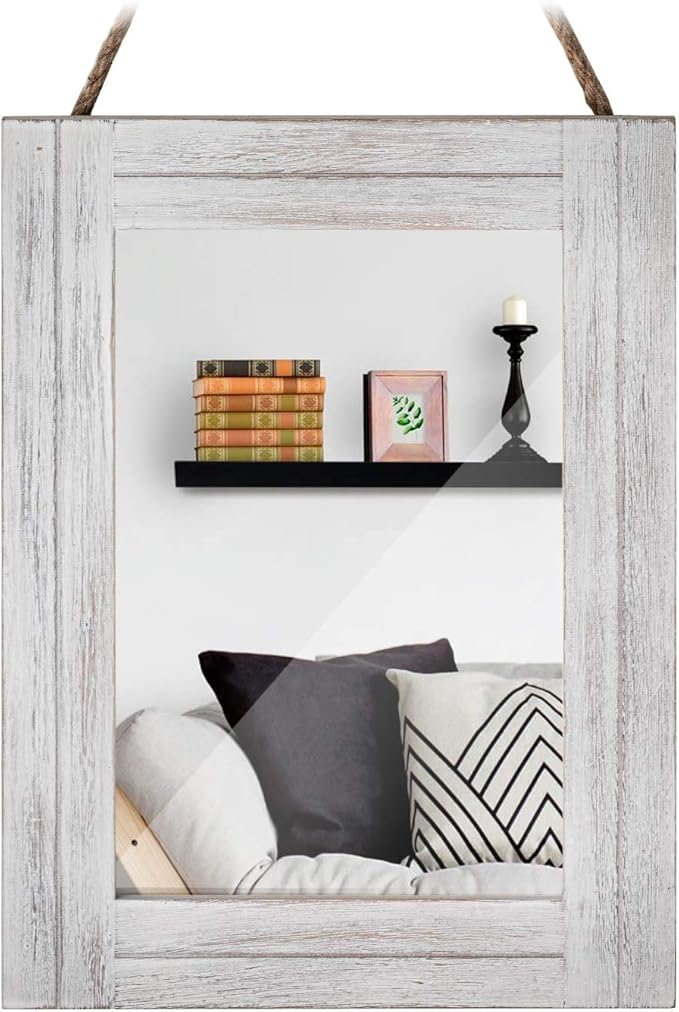 Rectangle Wall Mirror for Bathroom, Distressed White Wood Decor with Hanging Rope for Rustic Home Decor, Vanity, Living Room 12"×16"