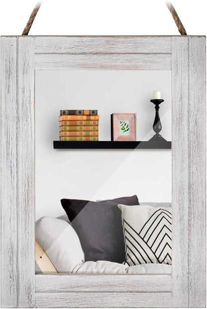 Rectangle Wall Mirror for Bathroom, Distressed White Wood Decor with Hanging Rope for Rustic Home Decor, Vanity, Living Room 12"×16"