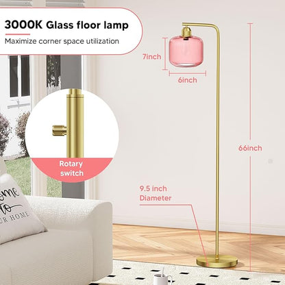 Glass Floor Lamp for Living Room, Modern Standing Lamp with Pink Ribbed Glass Lampshade&Brushed Gold, Stepless Dimmable and Rotary Switch, 66” Tall Lamp & Gold Floor Lamp for Bedroom Study Room, Pink