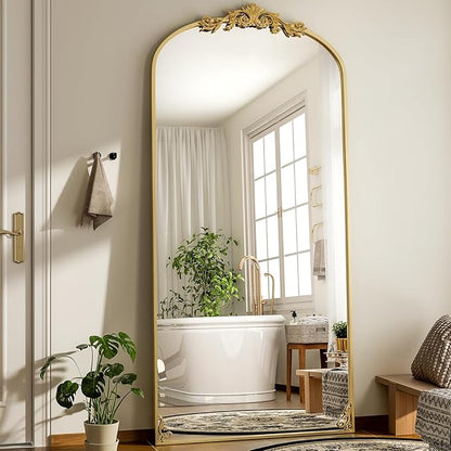 GLSLAND 77"x 38" Vintage Full Length Mirror - Large Carved Floor Mirror with Metal Frame Baroque Arched Full Body Mirrors for Bathroom/Living Room/Entryway,Gold