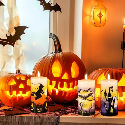 Halloween Flameless LED Candles Battery Operated with Remote and Timer, Real Wax Flickering Pillar Candles 3D Wick Dimmable Light Castle Witch Bats Halloween Decor(3 Pack, 3 x 6 Inches)
