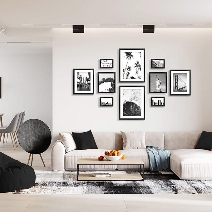 ArtbyHannah Gallery Wall Frame Set for Living Room, Multi-Size Black Picture Frames with Landscape Print Pictures, Hanging Wall Art Decor Black Photo Frame for Staircase Decoration (10 Pack)
