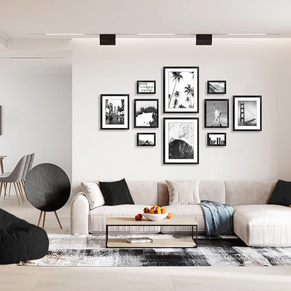 ArtbyHannah Gallery Wall Frame Set for Living Room, Multi-Size Black Picture Frames with Landscape Print Pictures, Hanging Wall Art Decor Black Photo Frame for Staircase Decoration (10 Pack)
