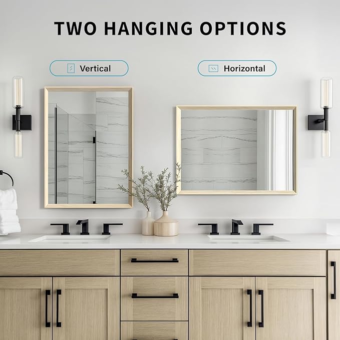 Oak Wood Effect Framed Wall Mirror, 22x30 Rectangle Mirror, Anti-desilvering Tempered Glass, Sustainable& Sturdy Frame, Farmhouse Mirror, Anti-Rust, 3min Fast Setup for Bathroom Living Room