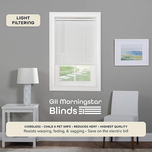Cordless Light Filtering Mini Blind - 29 Inch Width, 48 Inch Length, 1" Slat Size - Pearl White - Cordless GII Morningstar Horizontal Windows Blinds for Interior by Achim Home Decor