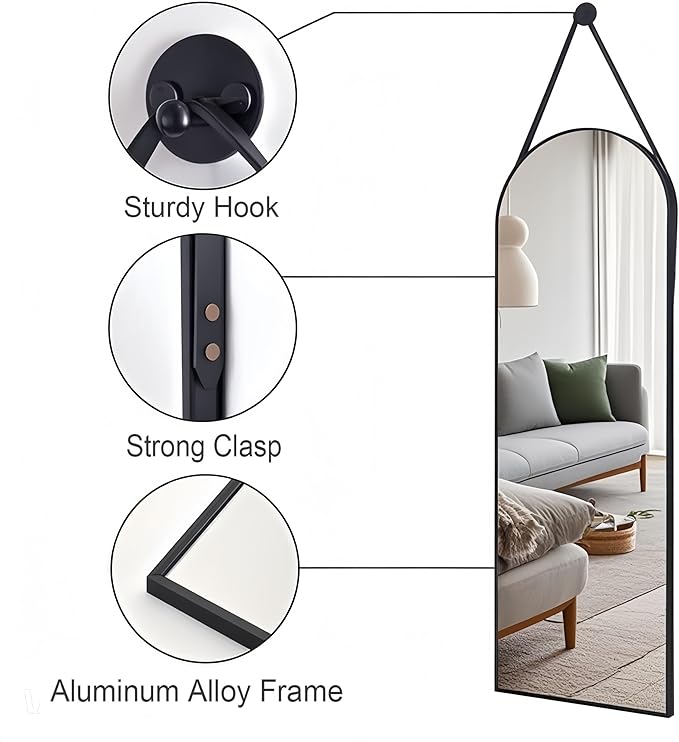 Dewfig 16"x48" Hanging Mirror with Leather Strap,Arched Full Length Mirror with Aluminum Frame Wall-Mounted Hanging Mirrors for Bathroom Vanity Living Room Bedroom Entryway Décor, Black