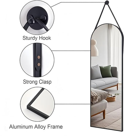 Dewfig 16"x48" Hanging Mirror with Leather Strap,Arched Full Length Mirror with Aluminum Frame Wall-Mounted Hanging Mirrors for Bathroom Vanity Living Room Bedroom Entryway Décor, Black