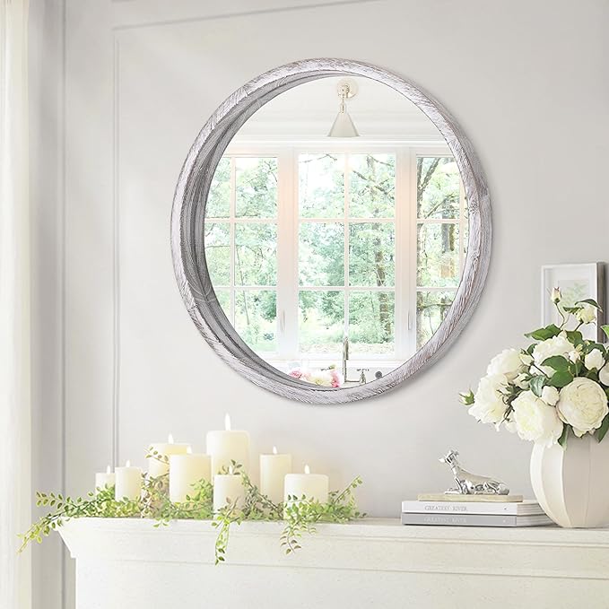 JJUUYOU Large Circle Wall Mirror 20 Inch Rustic White Round Mirror for Bathroom Vanity Wall Mounted Wood Frame Circular Mirror for Living Room, Bedroom, Washroom, Decorative