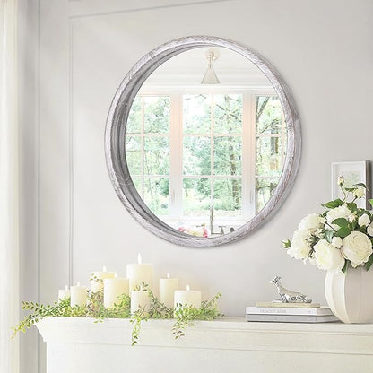 JJUUYOU Large Circle Wall Mirror 20 Inch Rustic White Round Mirror for Bathroom Vanity Wall Mounted Wood Frame Circular Mirror for Living Room, Bedroom, Washroom, Decorative