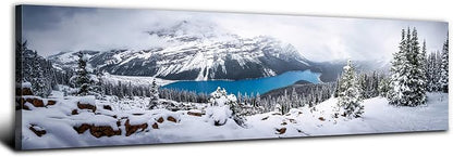 Snow Mountain Canvas Wall Art White Clouds Misty Forest Landscape Prints Picture Wall Decor Winter Tree Blue Lake Scenery Photography Painting Artwork for Living Room Bedroom Office Decoration 14x48"