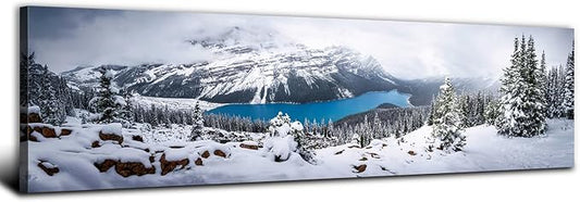 Snow Mountain Canvas Wall Art White Clouds Misty Forest Landscape Prints Picture Wall Decor Winter Tree Blue Lake Scenery Photography Painting Artwork for Living Room Bedroom Office Decoration 14x48"