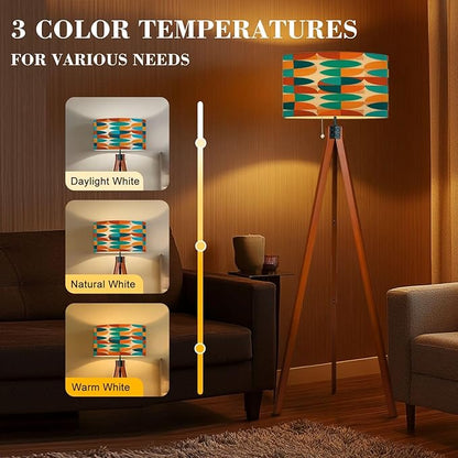 Wood Tripod Floor Lamp Abstract Geometric Blue Orange Colors Mid Century Mid Century Standing Lamp Linen Shade Dimmable Modern Tall lamp Home Decor for Living Room Bedroom Office