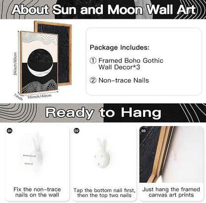 CHDITB Abstract Moon Phases Framed Canvas Art Prints Set(16"x24"), 3 Panels Modern Neutral Black and White Artwork Painting, Large Boho Minimalist Fine Line Wall Art Home Decor for Bedroom Living Room