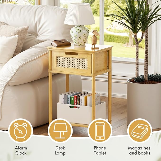 Bamboo Nightstand, Boho Side Table with Drawer and Open Shelf, 3 Tier End Table, Bedside Table, Accent Table, Small Dresser for Bedroom, Dorm and Small Spaces, Natural
