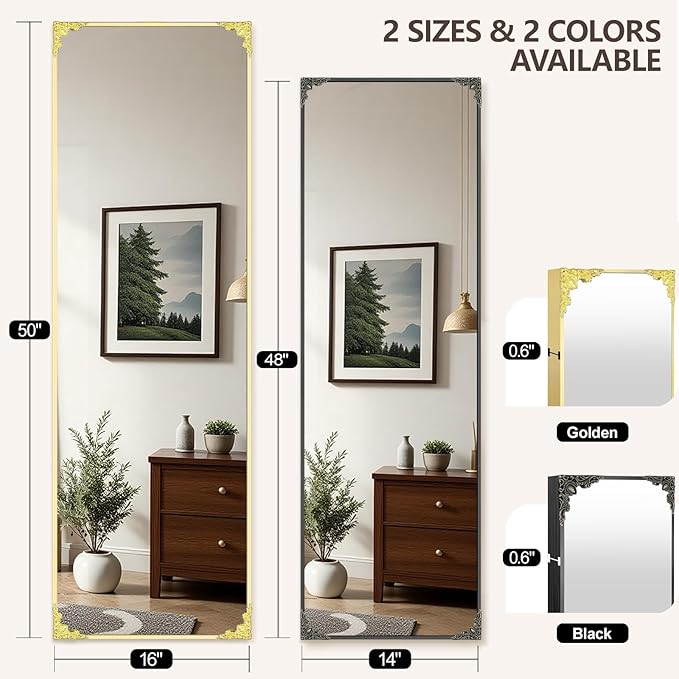 48"x14" Door Mirror, Rectangle Full Length Mirror, Over the Door Mirrors Full Length, Hanging Mirrors for Bedroom, Bathroom, Gold