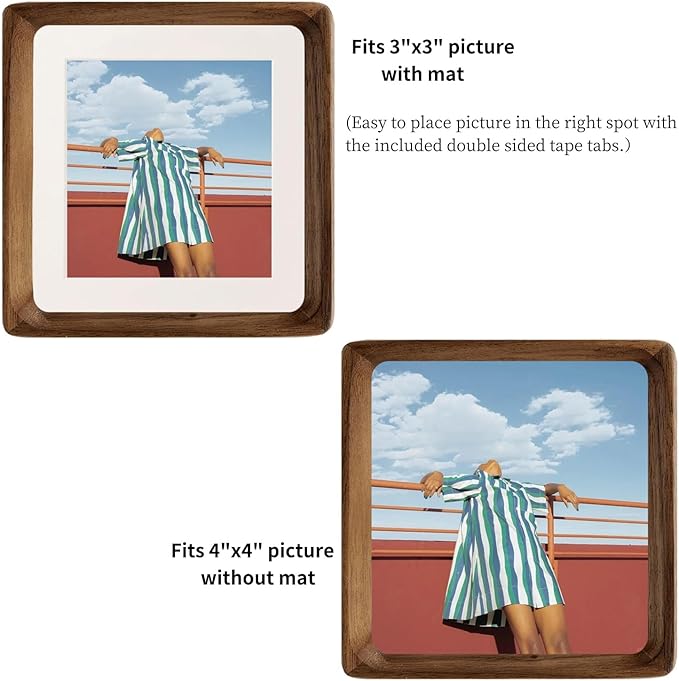 FLECHAZO 4x4 Picture Frame, Natural Walnut Wood 4x4 Frame with Mat for Pictures 3x3, Square Wall Gallery Photo Frame for Wall Mounting and Tabletop Display