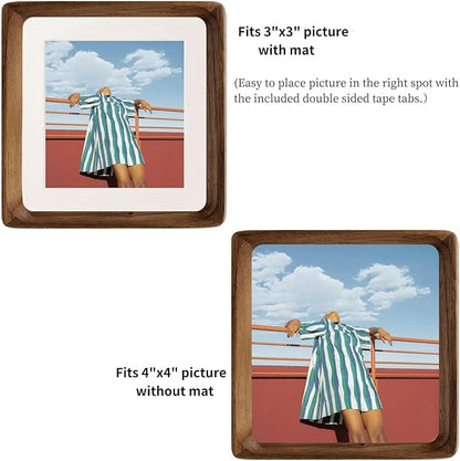 FLECHAZO 4x4 Picture Frame, Natural Walnut Wood 4x4 Frame with Mat for Pictures 3x3, Square Wall Gallery Photo Frame for Wall Mounting and Tabletop Display