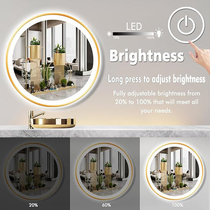 36 Inch Gold Round LED Mirror with Lights Gold Frame Round Lighted Mirror for Bathroom Wall Gold Round Lighted Vanity Mirror with Light 3 Color Dimmable AntiFog 36" Circle Light up Smart Mirror