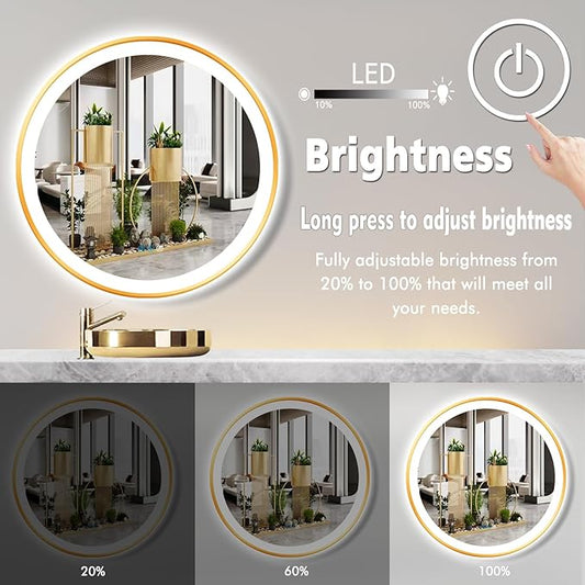 36 Inch Gold Round LED Mirror with Lights Gold Frame Round Lighted Mirror for Bathroom Wall Gold Round Lighted Vanity Mirror with Light 3 Color Dimmable AntiFog 36" Circle Light up Smart Mirror