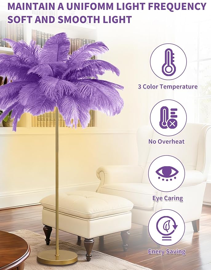 Feather Floor Lamp,Fluffy Ostrich Feather Floor Lamp for Bedroom,3 Color Temperatures Led Corner Modern Floor Lamps for Living Room Christmas Home Decor House Warming Gifts,63″ Height (Light Purple)