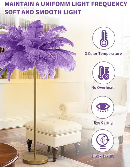 Feather Floor Lamp,Fluffy Ostrich Feather Floor Lamp for Bedroom,3 Color Temperatures Led Corner Modern Floor Lamps for Living Room Christmas Home Decor House Warming Gifts,63″ Height (Light Purple)