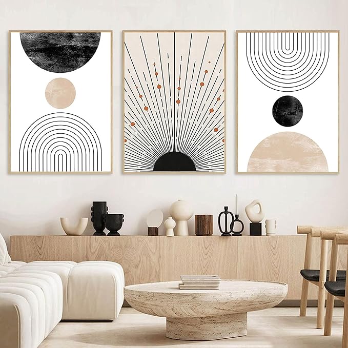 LOARTVE 3Pcs Beige Boho Wall Art Mid Century Modern Wall Decor Pictures Neutral Abstract Geometric Line Minimalist Canvas Posters Prints for Living Room Bedroom Office Home Decoration Unframed