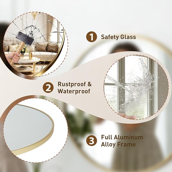 NEWBULIG 30 Inch Round Wall Mirror, Bathroom Mirror for Over Sink, Matte Metal Framed Circle Vanity Mirror, Wall Decor for Bedroom, Entryway, Anti-Rust, Tempered Glass, Hanging or Leaning, Gold
